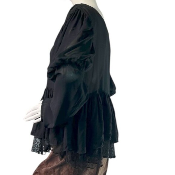 Marrika Nakk Black Sheer Chiffon & Lace Peasant Blouse Puff Sleeve Ruffled Hem M - Picture 8 of 8